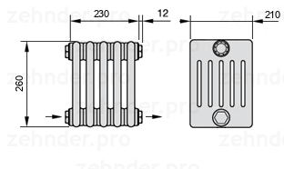 Схема (чертеж) Радиатор Zehnder Charleston 6026/5 №2670 Белый глянцевый RAL 9016